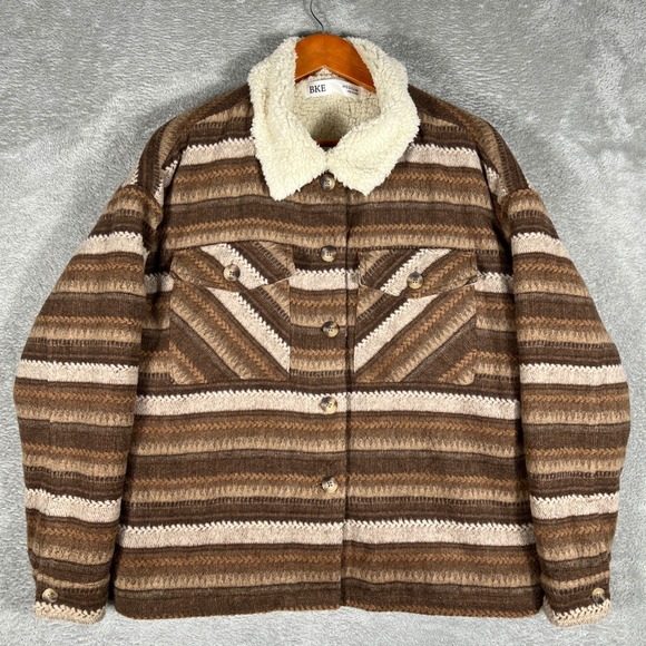 BKE Sherpa Shacket Womens Medium Striped Button Down Jacket Coat Wool Blend - Picture 1 of 10